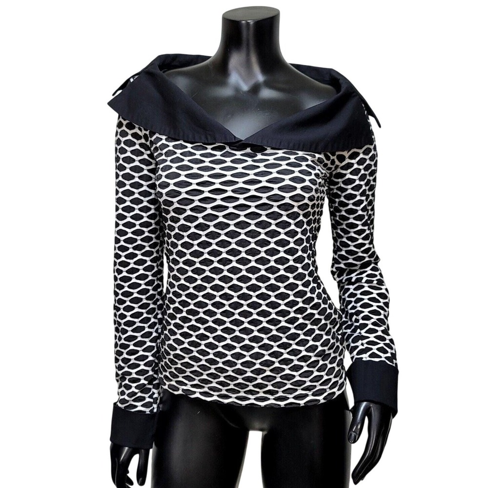 Joseph Ribkoff Top Size 6 Black‎ White Swirl Stretchy Waffle Long Sleeve Canada